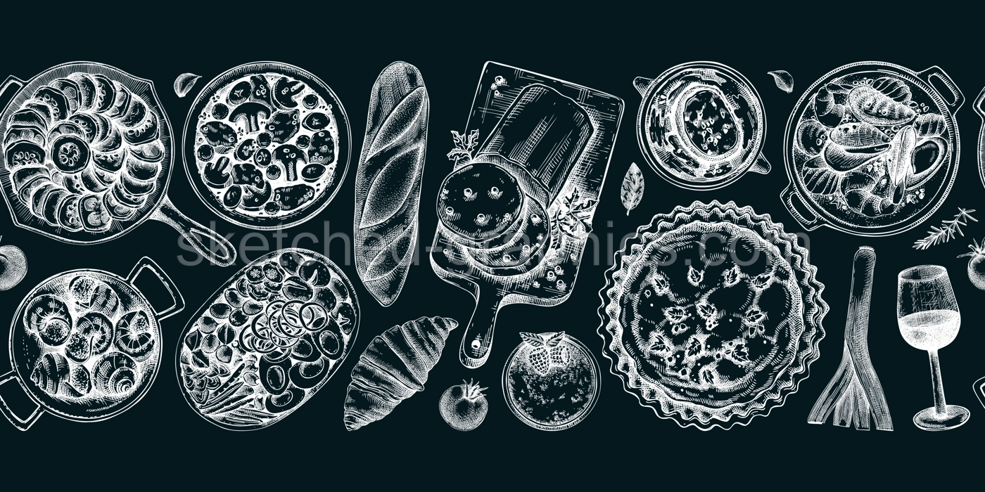 French cuisine dishes vintage drawings collection on chalkboard. Traditional food from France sketches set. French restaurant menu design elements. Hand-drawn food illustration, NOT AI generated Illustration